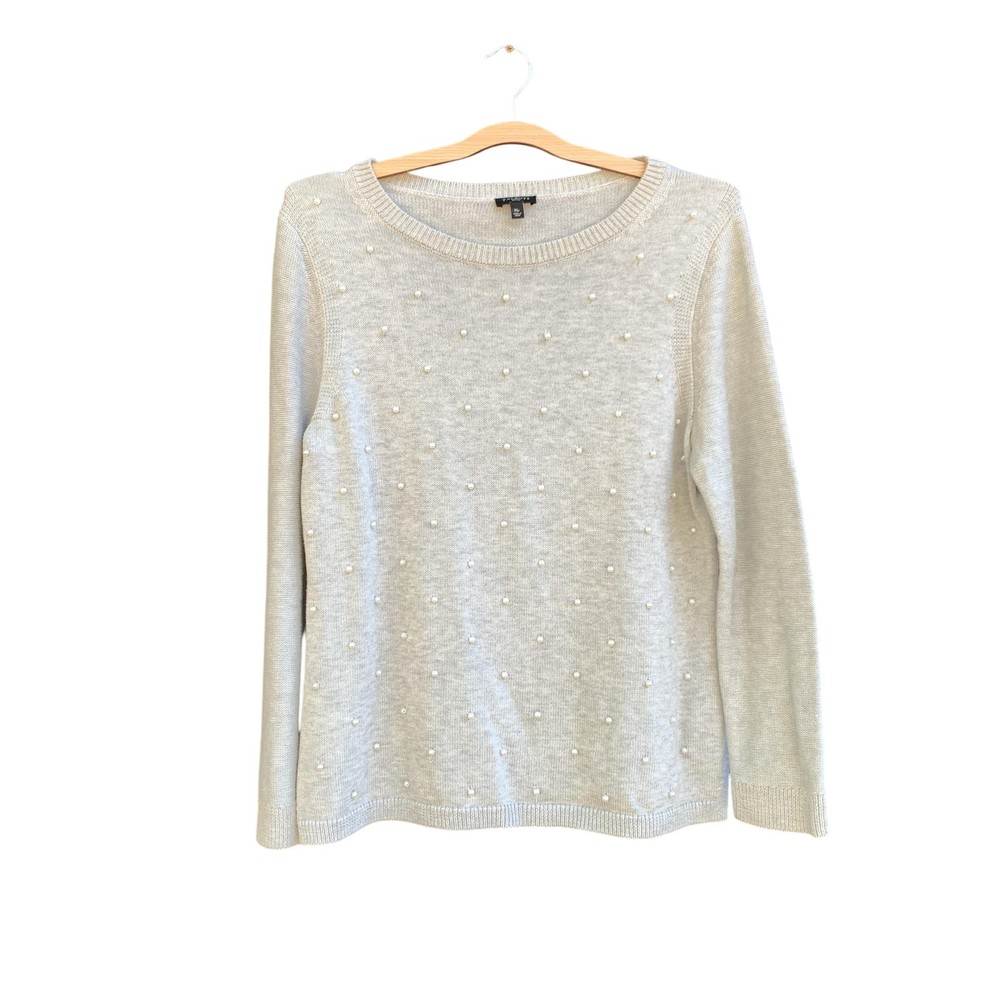 Talbots Sweater Womens Medium Petite Gray Pearl Embellished Crewneck Pullover