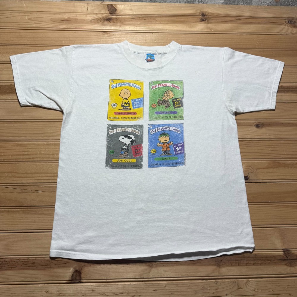 Vintage 90s Peanuts Gang Snoopy Stickers Bubblegum Cartoon Graphic T-Shirt Large