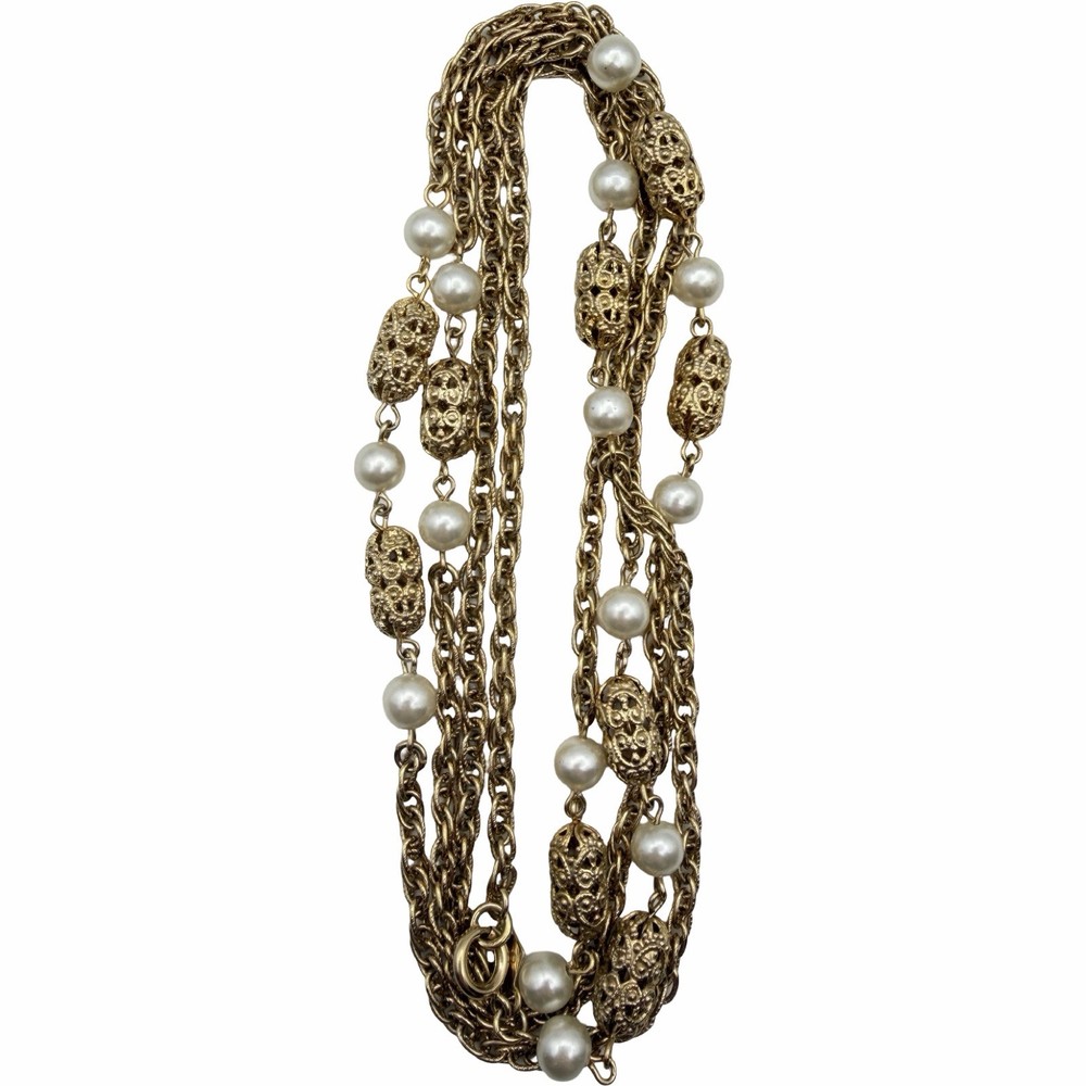 Vintage Gold Tone Sarah Coventry Filigree Bead & Faux Pearl Chain 50” Necklace