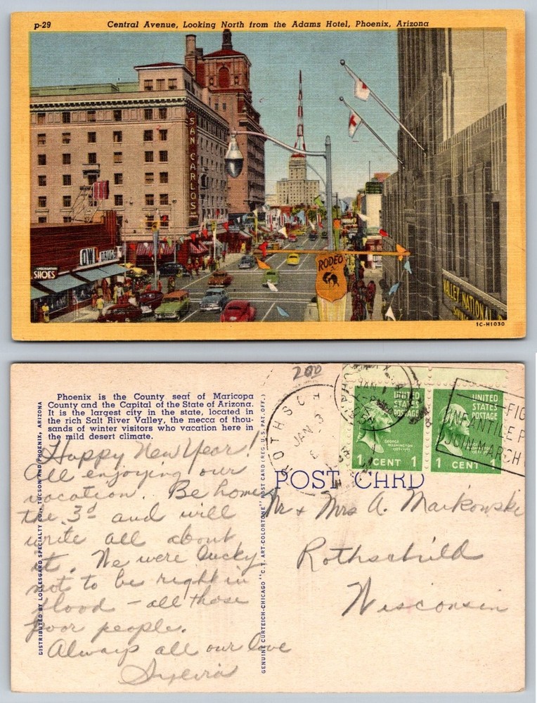 Vintage Phoenix AZ Central Avenue San Carlos Hotel Curteich Postcard 1940s