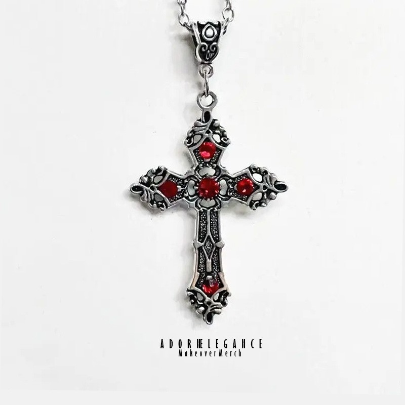 Vintage Gothic Red Zircon Cross Pendant Necklace Women Silver Religious Jewelry