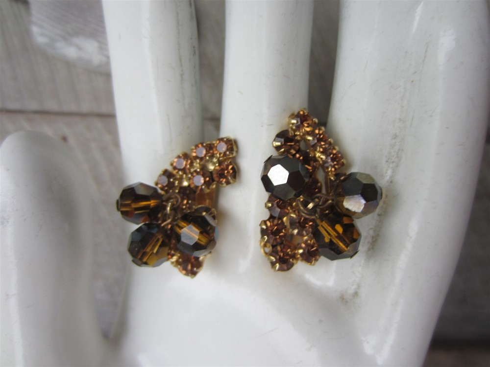 Vintage Bronze Amber Rhinestone Dangle Faceted Glass Bead Clip EARRINGS
