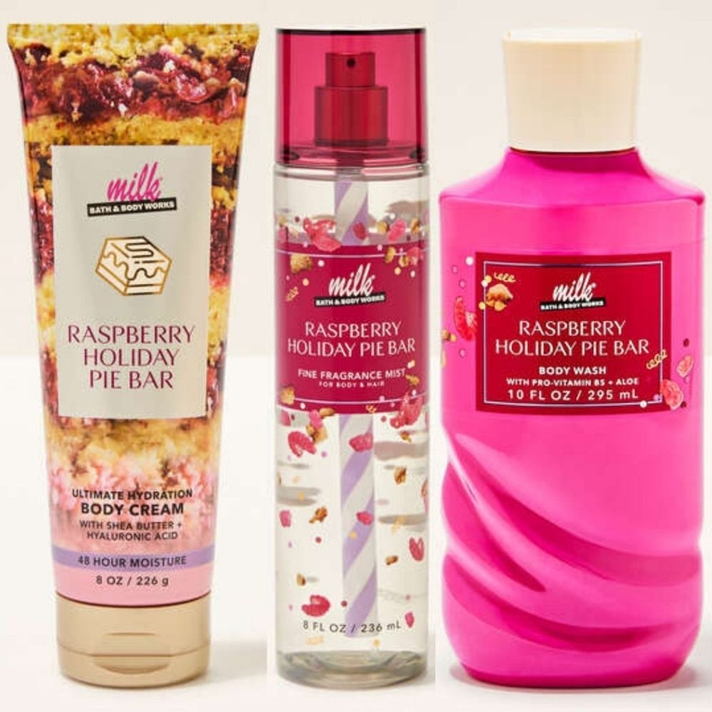 Bath Body Works Milk Bar Raspberry Holiday Pie Bar Body Wash, Cream & Mist Set