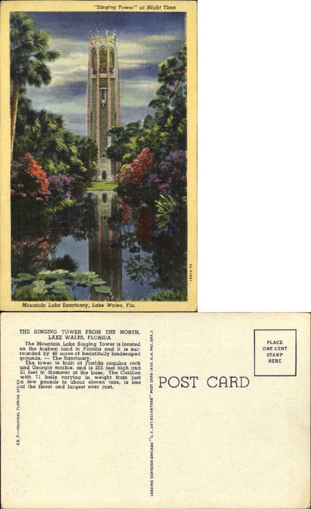 Singing Tower at night Mountain Lake Sanctuary Lake Wales Florida 1940s postcard