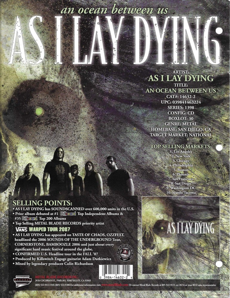 AS I LAY DYING Rare VINTAGE 2007 PROMO TRADE AD Poster for Ocean 8.5x11 MINT
