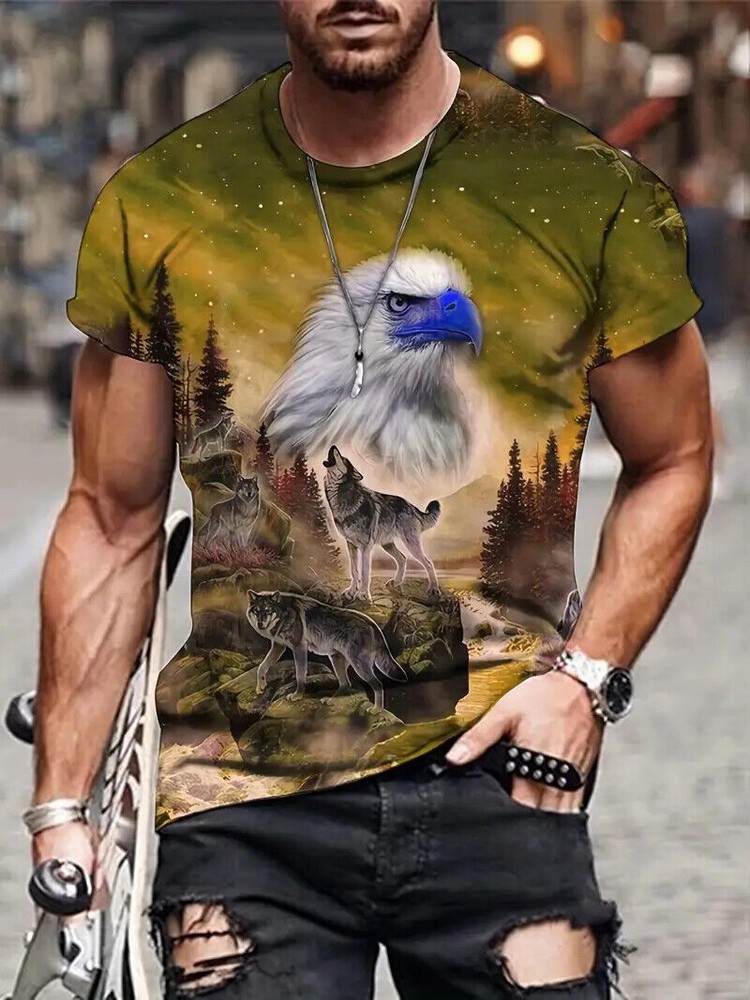 T Shirt Wolf American Eagle Novelty Brown Nature Graphic Casual Short Sleeve Tee