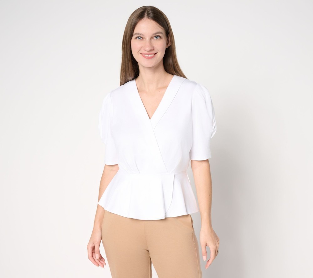 by Stacy London Women's Top Sz S Lightw Ponte Short Sleeve White A715164