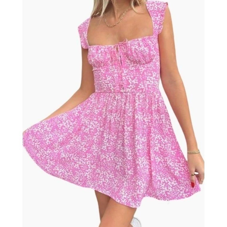 Sky to Moon | Pink White Floral Mini Dress Ruffle Sleeve Tie Front | Size Medium