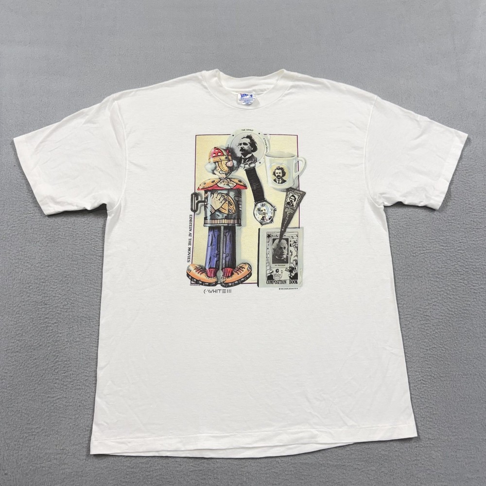 Vintage Einstein At The Movies Shirt Mens Large White Hanes Beefy-T Graphic 90s