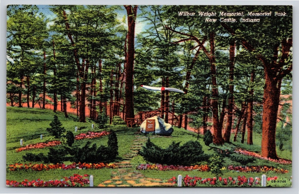 New Castle Indiana~Wilbur Wright Memorial Rock @ Park~Vintage Linen Postcard