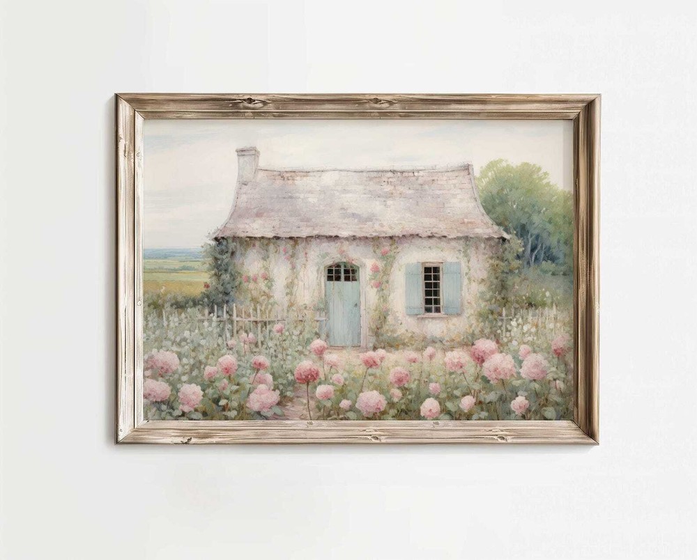 Old House Painting Vintage Stone House Print French Cottage Countryside Wall