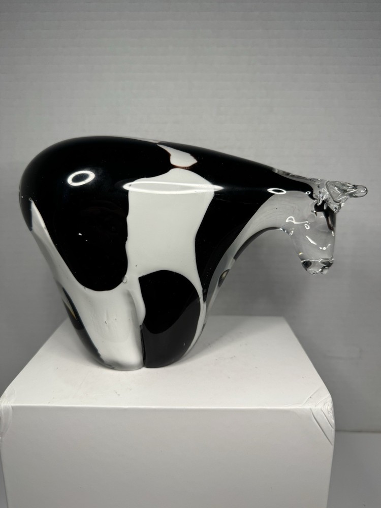 Vintage Hand Blown Art Glass Spotted Cow Heavy Murano Style Figurine Sculpture