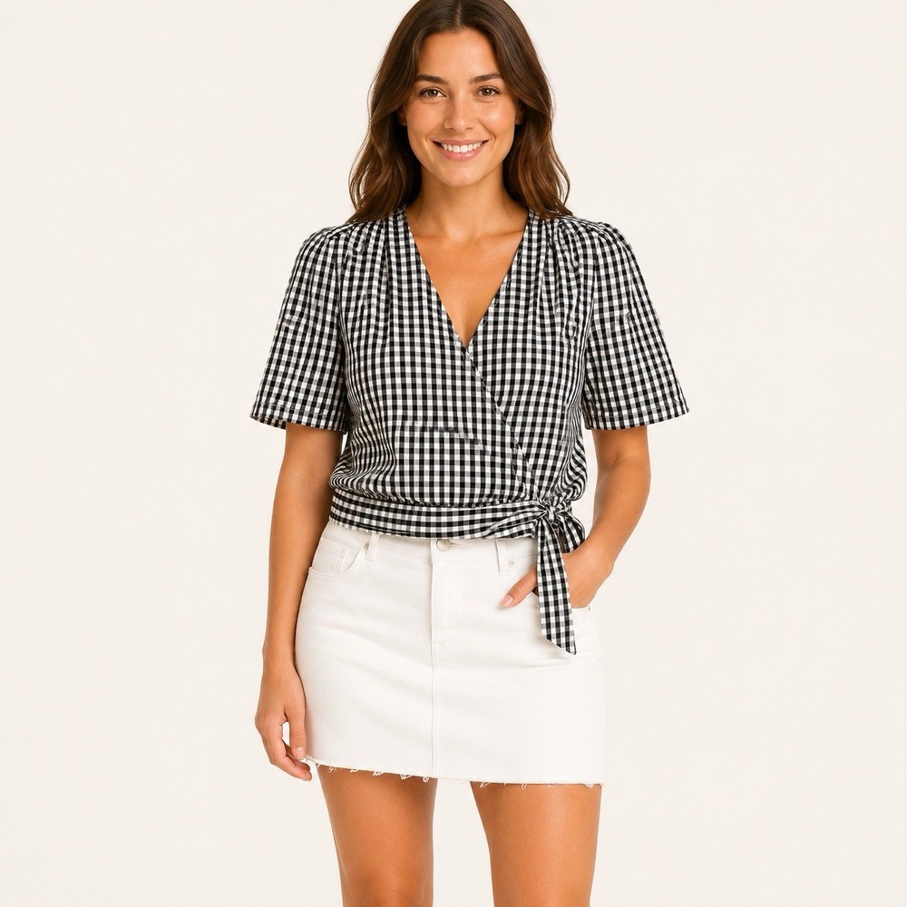 Madewell Women’s Medium Black White Gingham Wrap Top Puff Sleeve Cotton Blouse