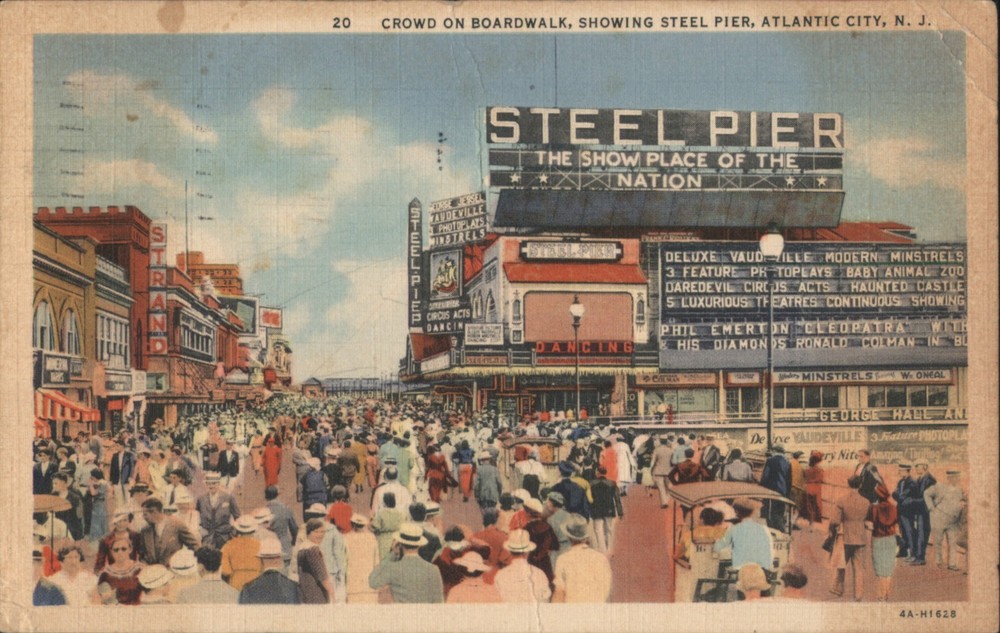 Atlantic City, New Jersey NJ Crowd Boardwalk, Steel Pier Teich 1938 Postcard