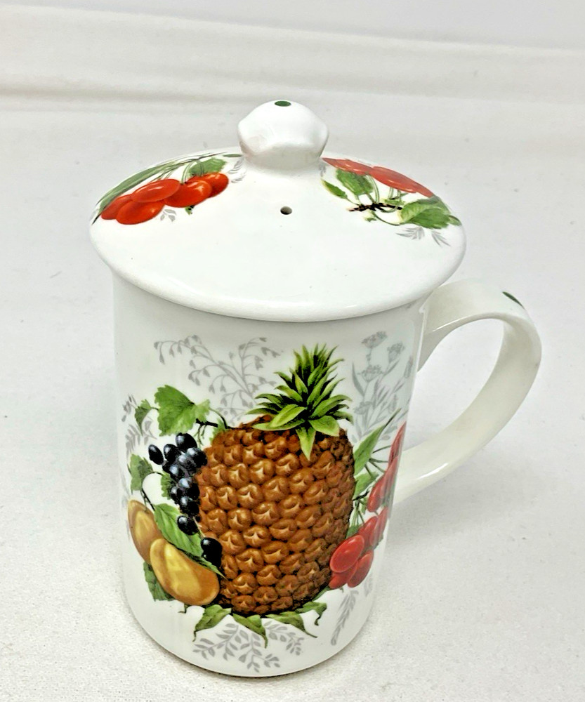 Fine Bone China PINEAPPLE & FRUIT Pattern St George Tea Mug/Cup w/Lid
