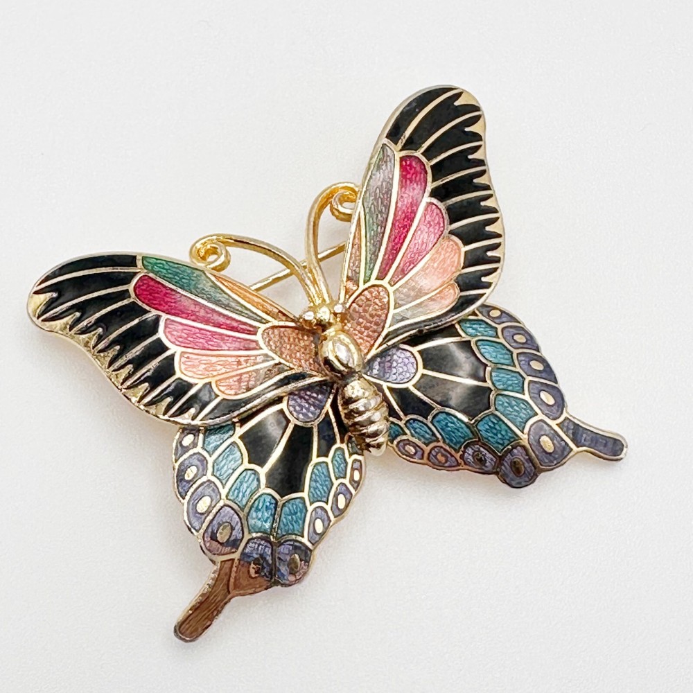 Vintage Cloisonne Butterfly Brooch Multicolor