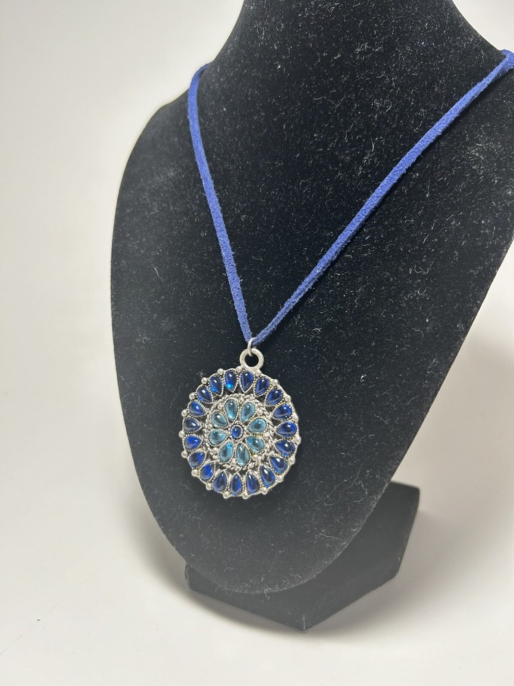 Vintage Robert Rose Blue Beaded Flower Pendant Necklace - Silvertone on Cord
