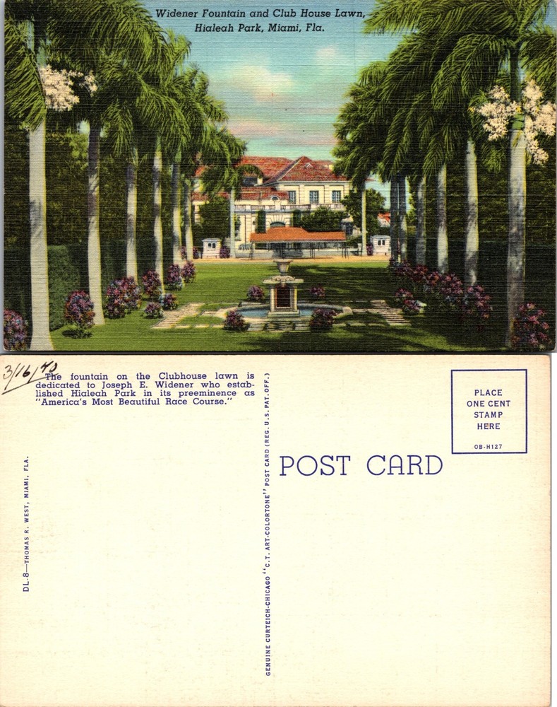 Widener Fountain and Clubhouse Lawn Hialeah Park Miami Florida FL Postcard