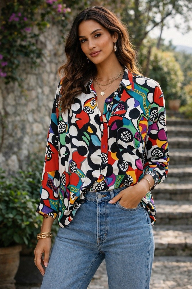 Vintage 90s Abstract Graphic Button Up Shirt Colorful Retro Artsy L Blouse-image