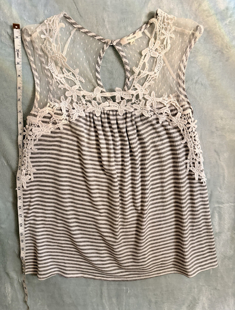 Maurices Women's Gray White Striped Lace Sheer Round Neck Tank Top Size S