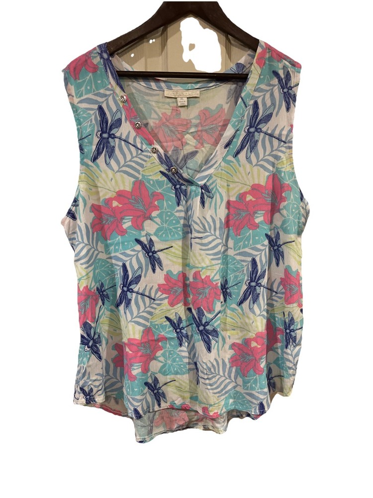 Juniper + Lime Tank Top Size XL Dragonfly/Flowers Print Rayon Button Accent