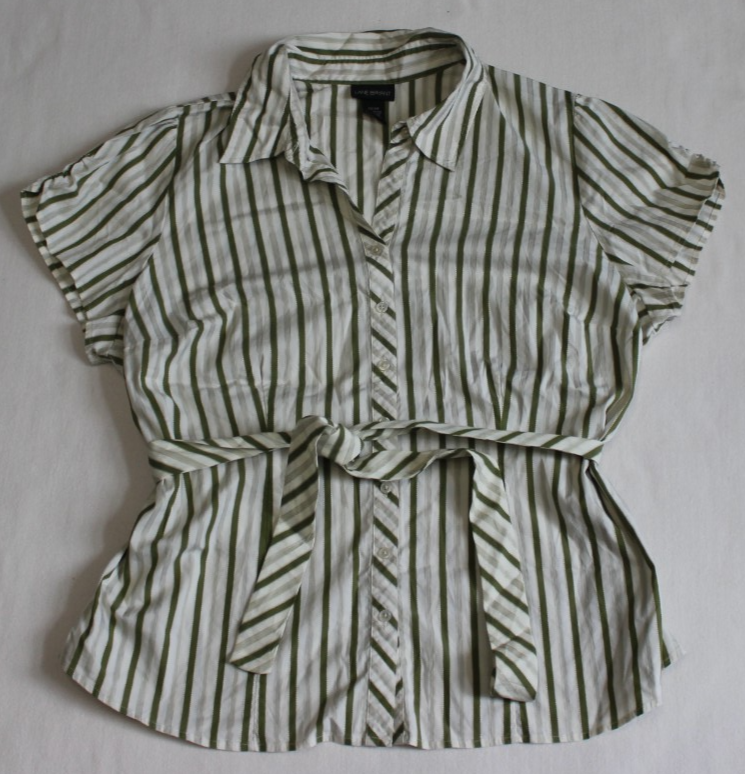Lane Bryant Women's Button-Up Blouse Size 22/24 White Green Stripe Belted