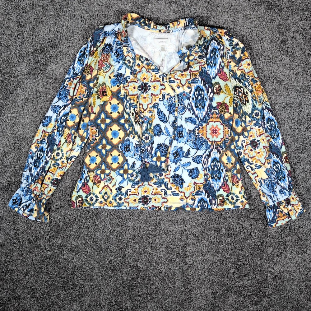 Cupio Bohemian Pullover Top Women's S Floral Print Split V-Neck Ruffled