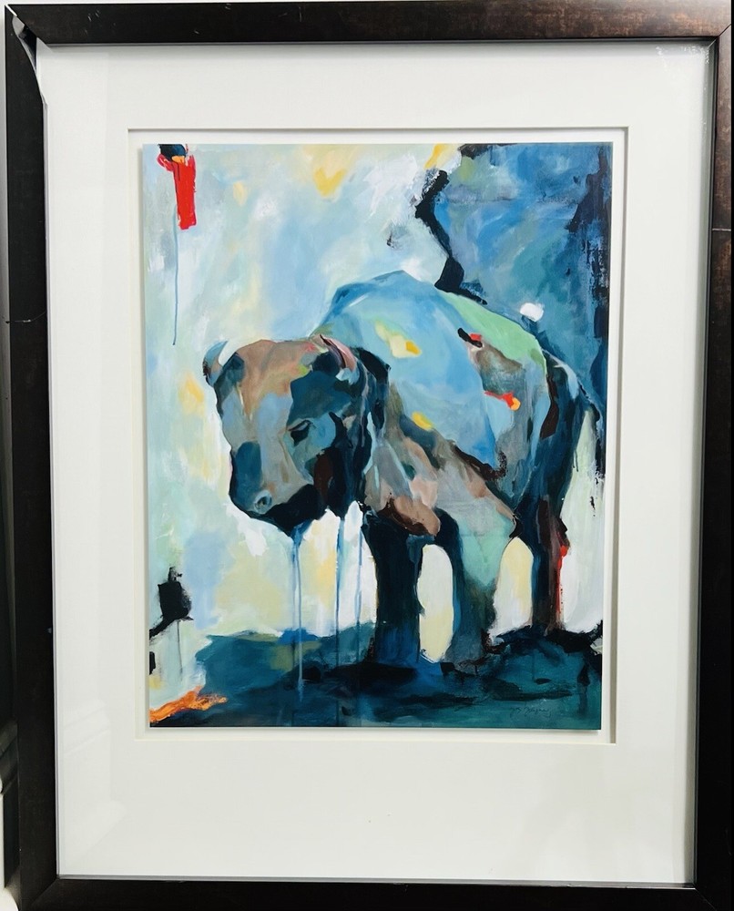 Mercana Water Color Buffalo Abstract Modern  Art Multi Color Matted Americana-image
