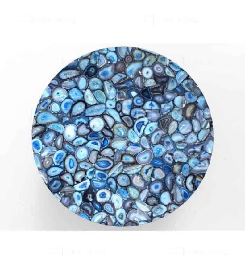 32x32 Inch Blue Agate Round Coffee Table Handmade Natural Stone Dining Centerpiece for Hallway Decor