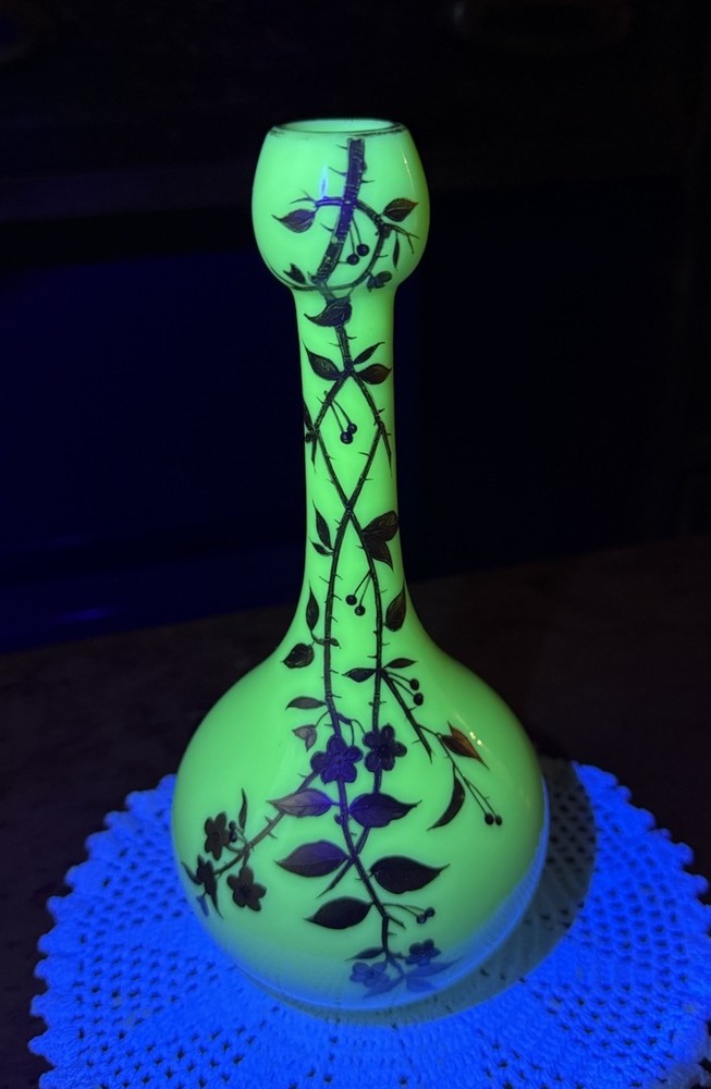 Antique Harrach Uranium Glass Vase Bohemian Enamel Floral Gilt Vaseline UV Glow