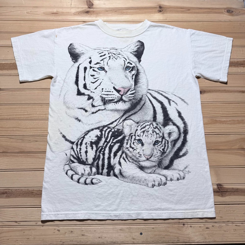 Vintage 90s White Tiger Cub Blue Eyes Wildlife Graphic T-Shirt USA - One Size