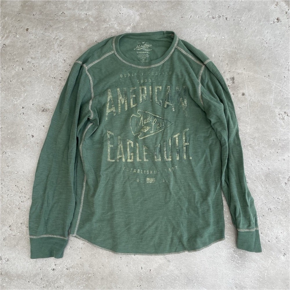 American Eagle Outfitters Men's S Green Thermal Crew Long Sleeve Graphic Tee