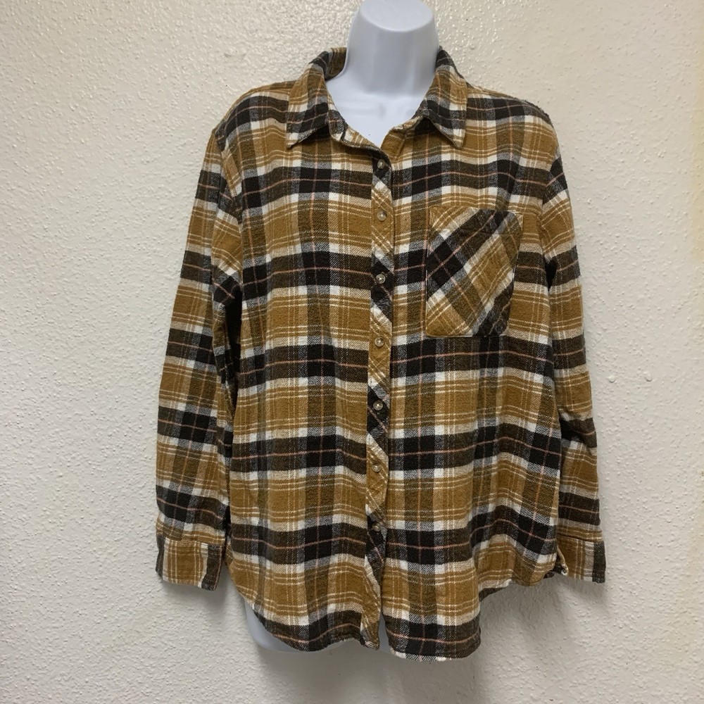 Arizona Jean Co. Flannel Button Down Shirt Size LYellow Brown Plaid Long Sleeve