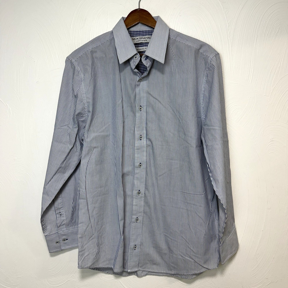 Nick Graham Everywhere Men's Blue Modern Fit Casual Button Down Shirt Size 32-33