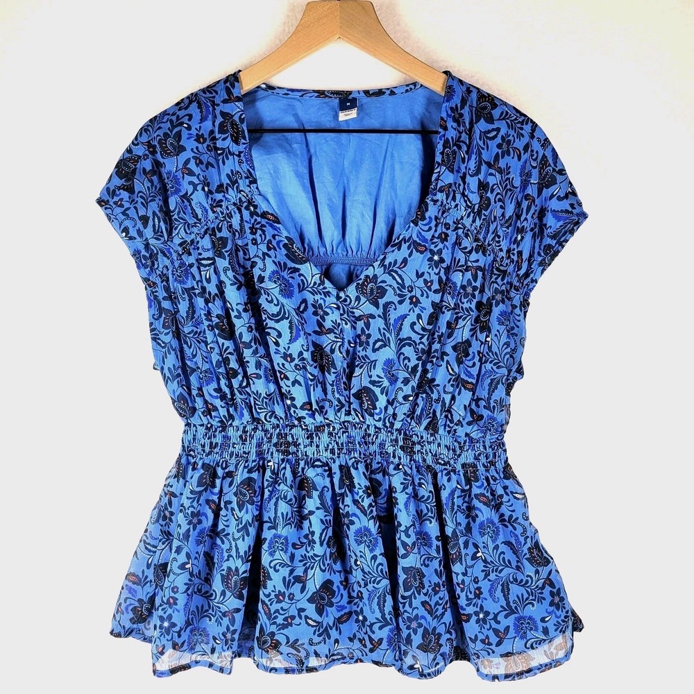 Old Navy Floral Peplum Top M Blue Smocked Waist Boho Romantic Cottagecore