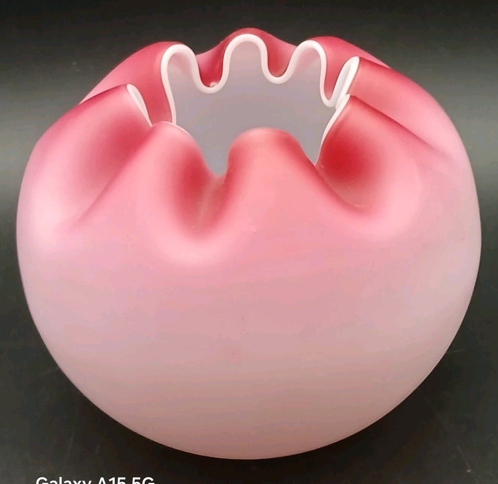Vintage Satin Glazed Peachblow Cased Glass Rose Bowl Crimped Edge