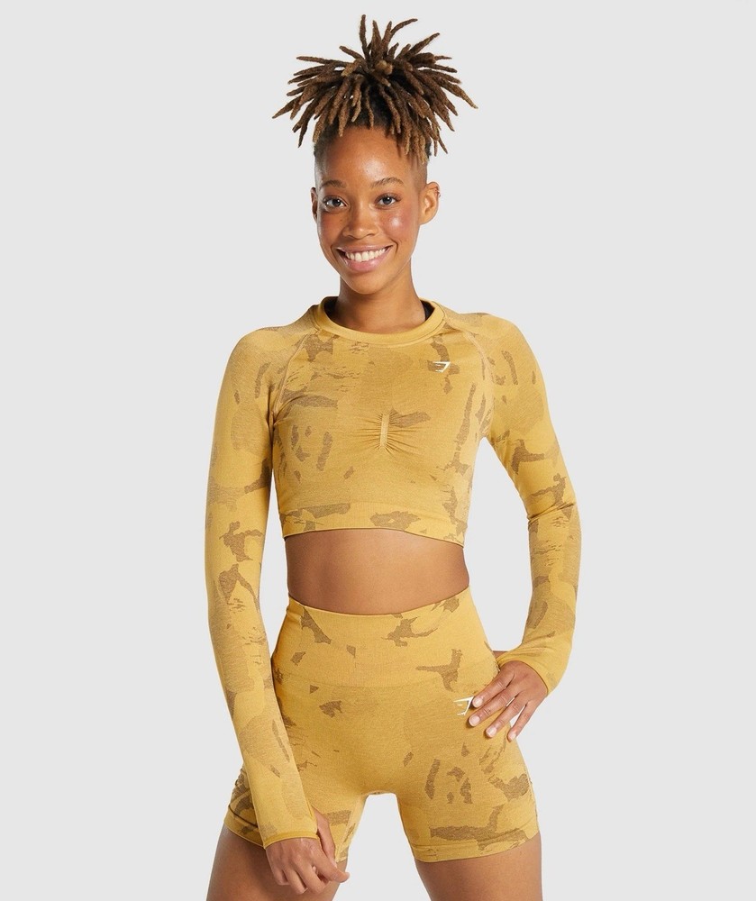 Gymshark ADAPT CAMO SEAMLESS LONG SLEEVE CROP TOP - Large