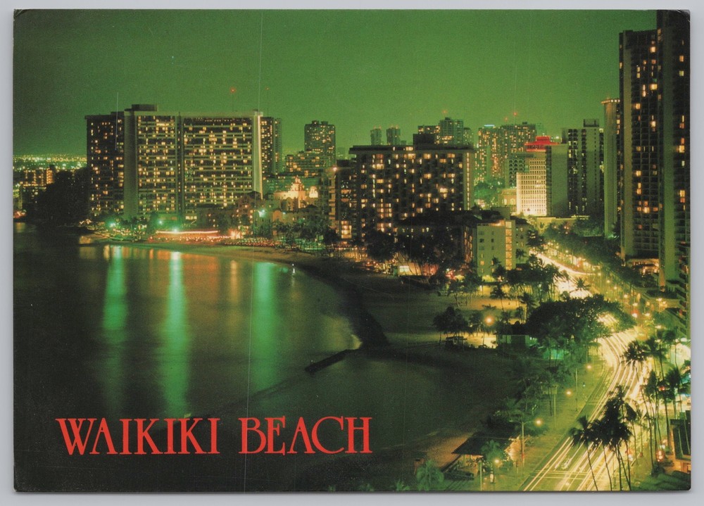 State View~Air View Kalakaua Avenue At Night Waikiki Beach~Continental Postcard
