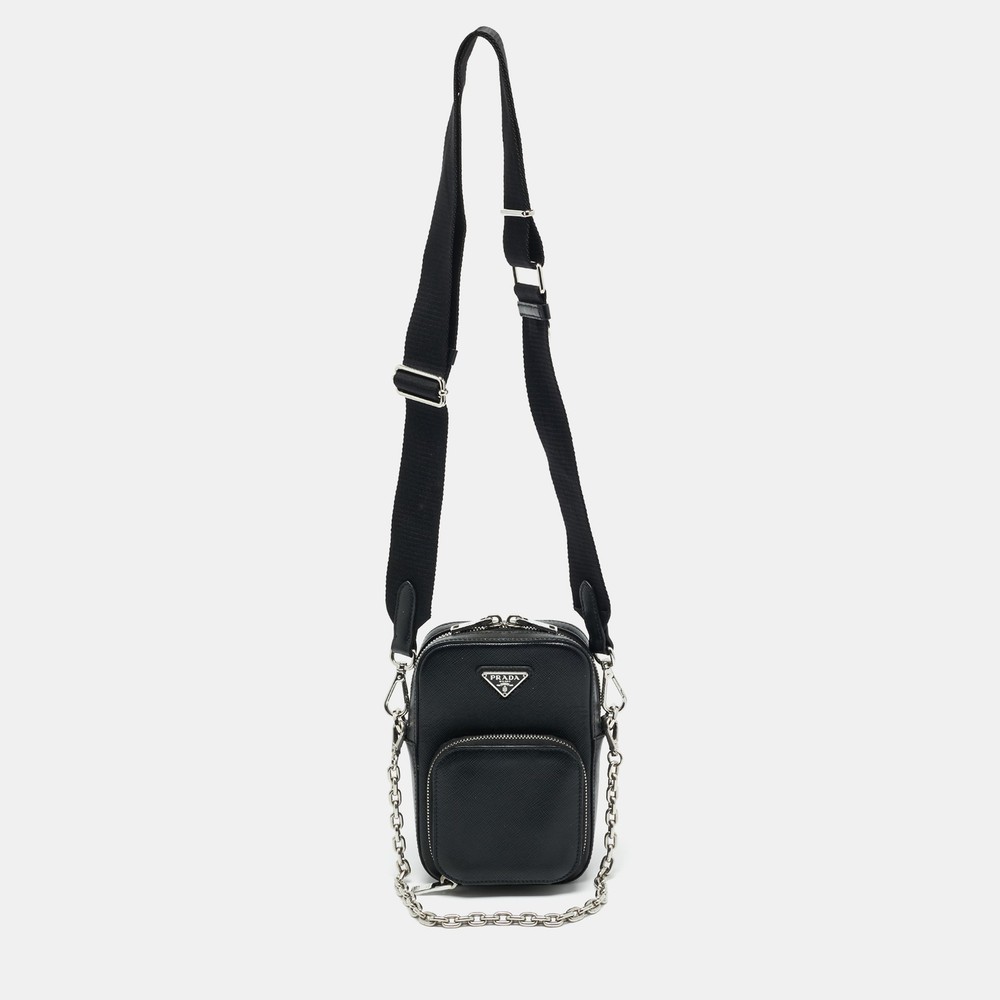 Prada Black Saffiano Lux Leather Crossbody Phone Bag
