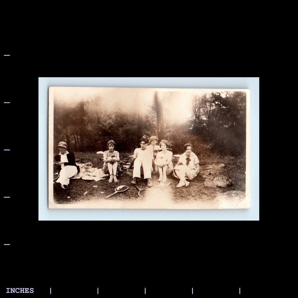 Old Vintage Photo MEN WOMEN TENNIS RACKET PICNIC IN FIELD