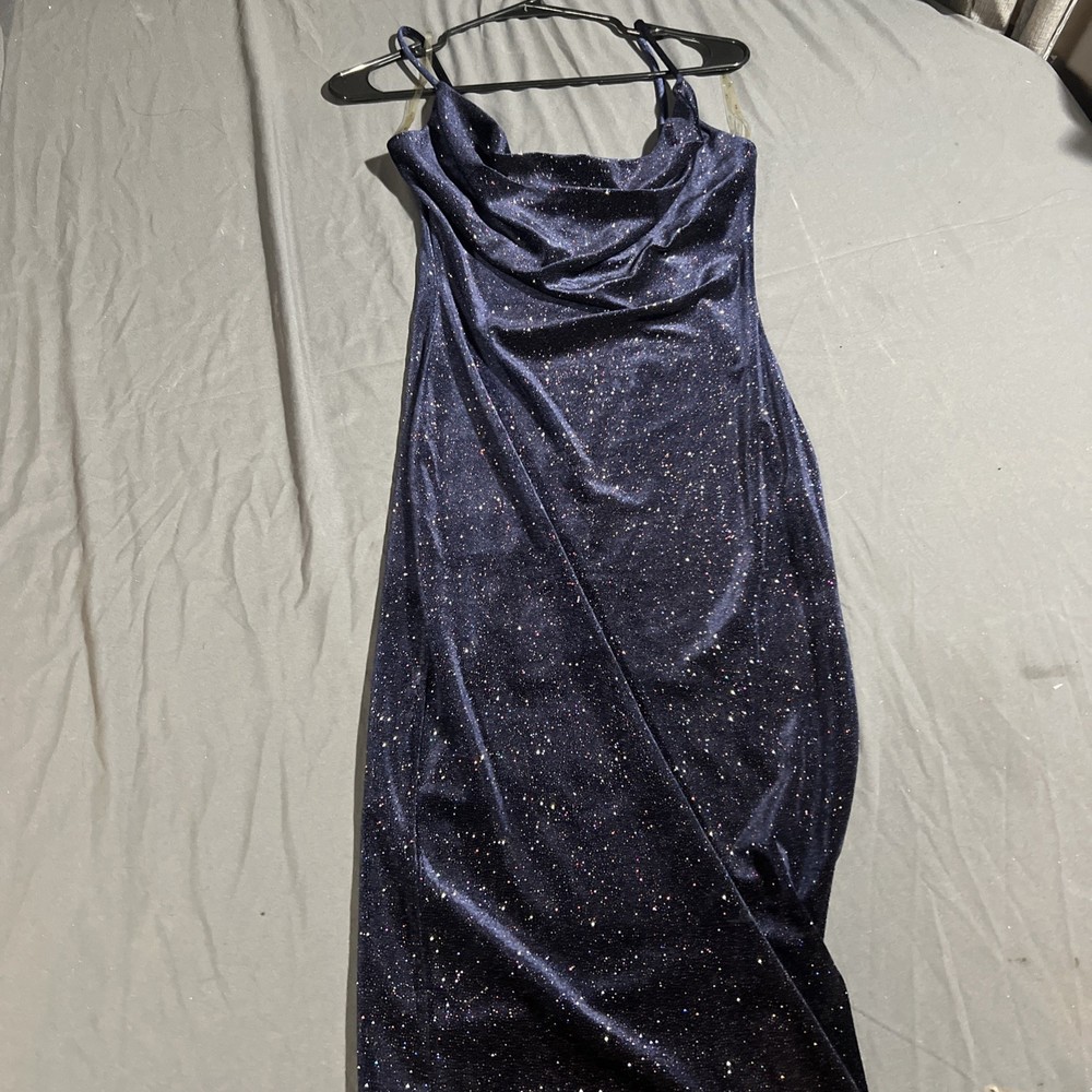 Y2K Going Out Dress Women’s S Velvet Blue Sexy Body Hugging Strap Sleeves