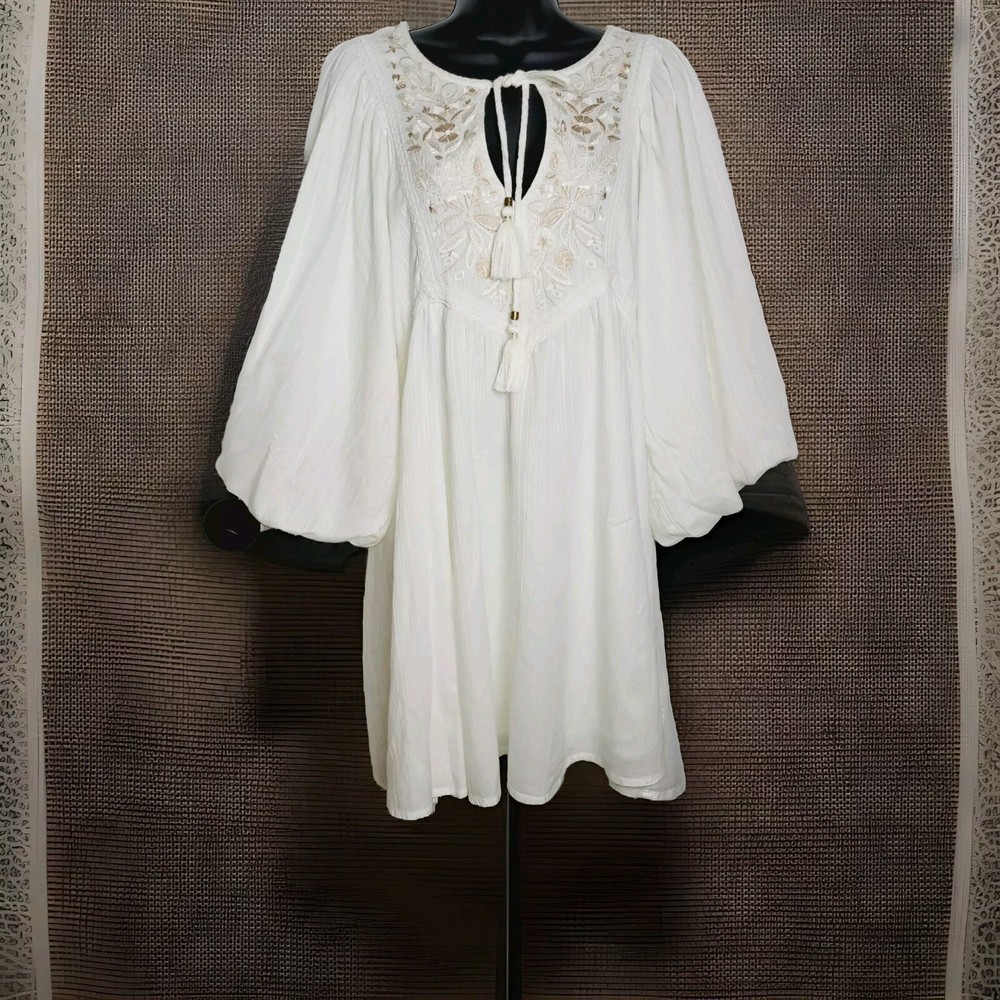 Anthropology Dress Medium Cream Mini Viveka Embroidered Boho Tiered Balloon