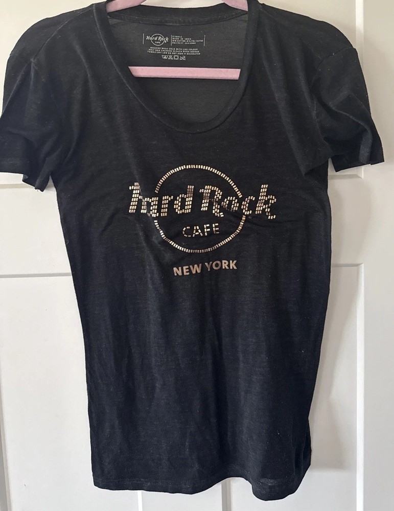 Women Hard Rock Cafe New York Black Gold Emblem Short Sleeve Shirt Size Small
