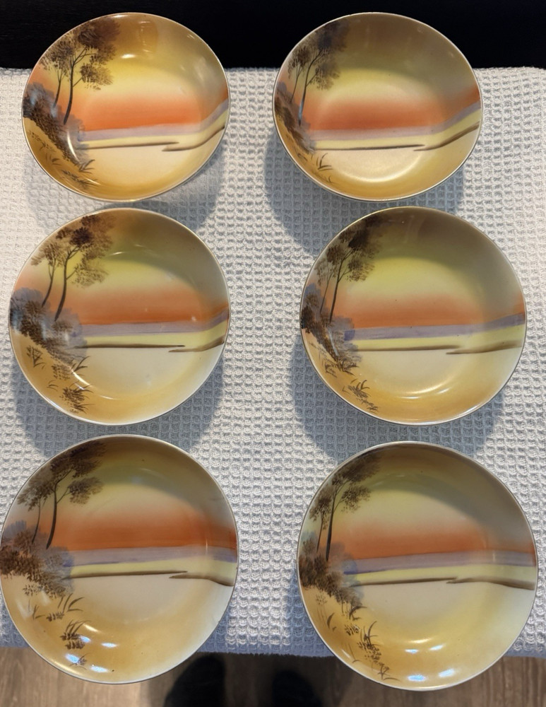 6 Vtg Meito China Hand Painted Dessert Bowls Trees, Lake , Sunrise/ Sunset 5.5”