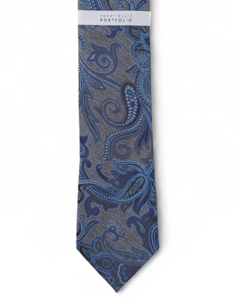 New Mens Perry Ellis Portfolio Blue Carver Paisley Classic Neck Tie Necktie