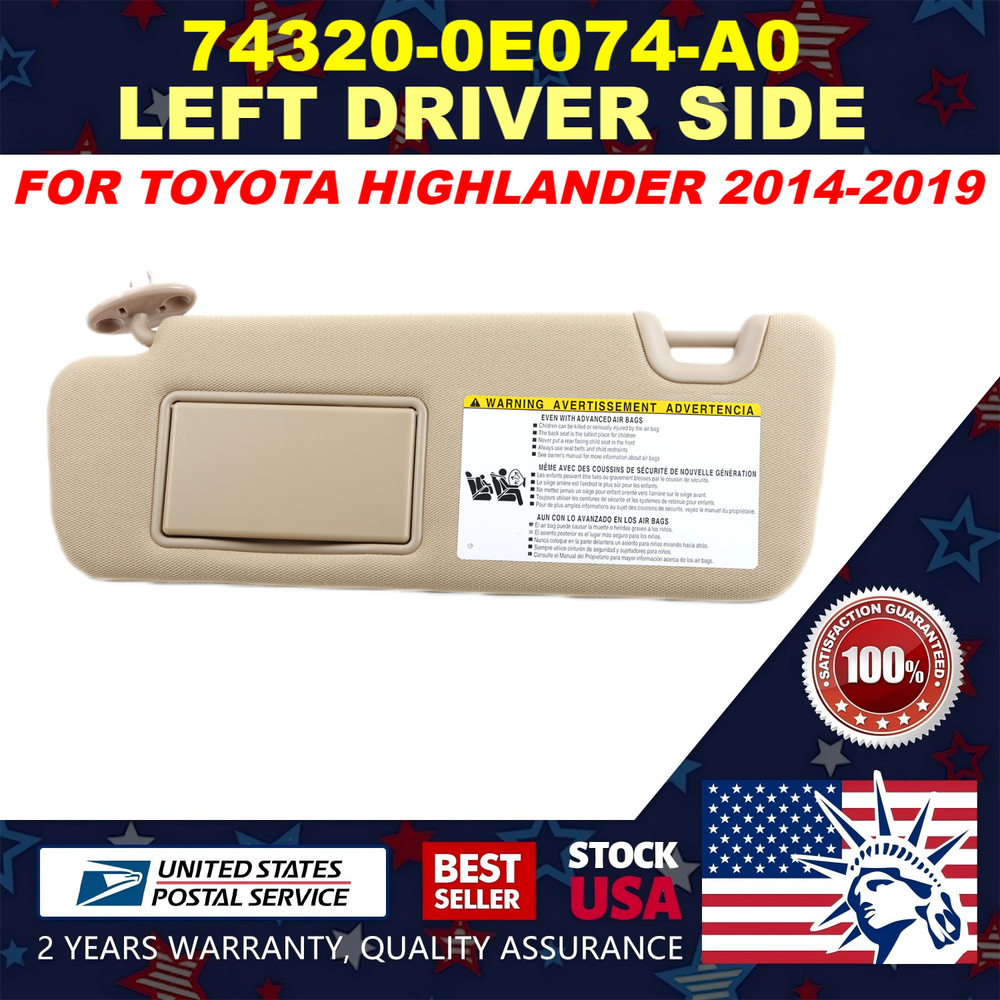 Left Driver Side Sun Visor for 2014-2019 Toyota Highlander 74320-0E074-A0