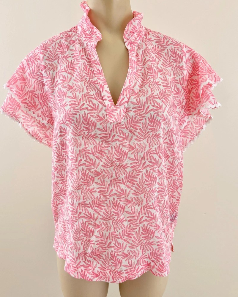 J. Mclaughlin Women's pink & white ruffle sleeve top