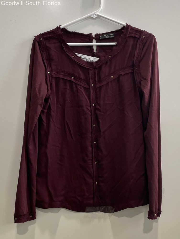 Zara W&B Collection Womens Burgundy Long Sleeve Round Neck Blouse Top Size M