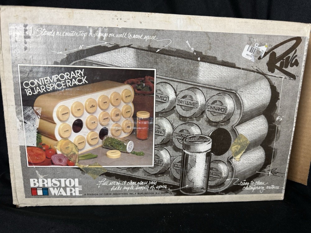 Vintage 70s MOD Spice Rack Shelf Tan Beige Plastic MCM Wall Mount with 18 Jars USA