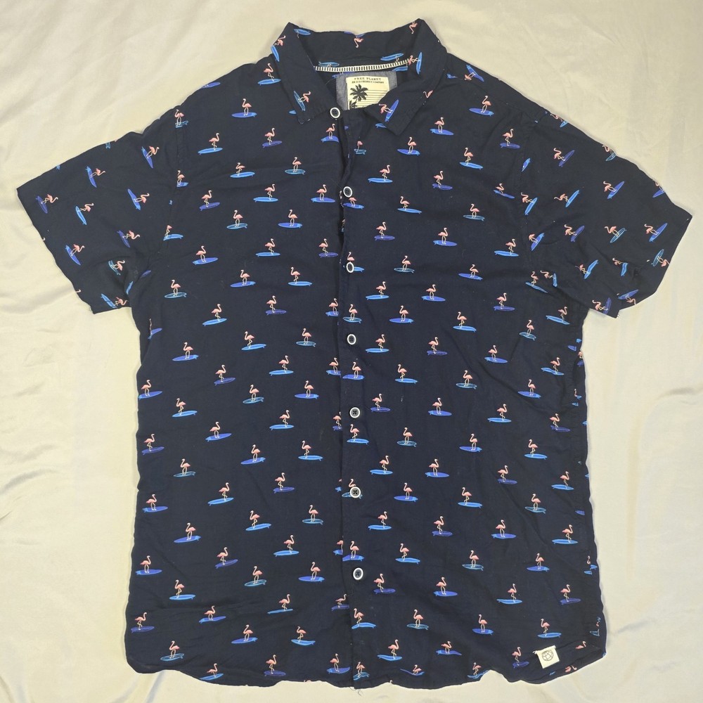 Free Planet Mens M Short Sleeve Button Up Shirt Dark Blue Floral